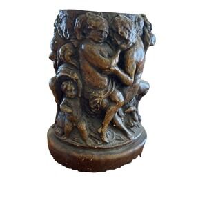 VTG Roman Greek Like Chalware Plaster 6" Vase with Female, Male, Birds And Child